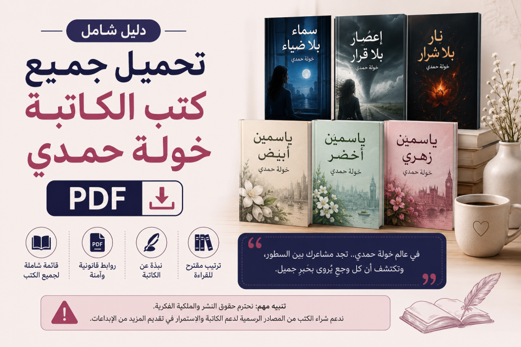 صورة توضيحية لمقال تحميل جميع كتب الكاتبة خولة حمدي PDF مع عرض لأبرز رواياتها وترتيب مقترح للقراءة وروابط قانونية آمنة.
