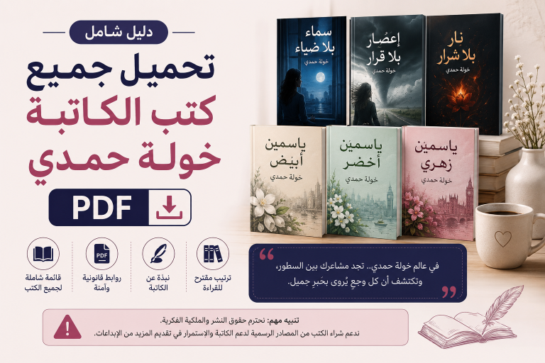 صورة توضيحية لمقال تحميل جميع كتب الكاتبة خولة حمدي PDF مع عرض لأبرز رواياتها وترتيب مقترح للقراءة وروابط قانونية آمنة.